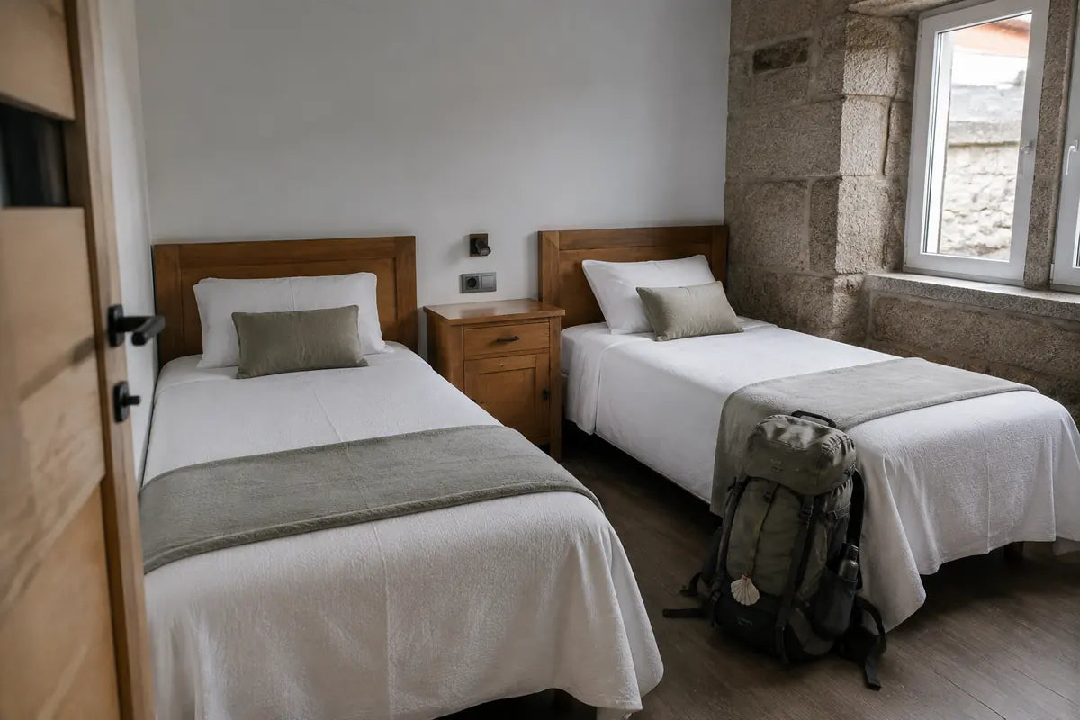 Habitación de albergue moderna con dos camas y mochila de peregrino