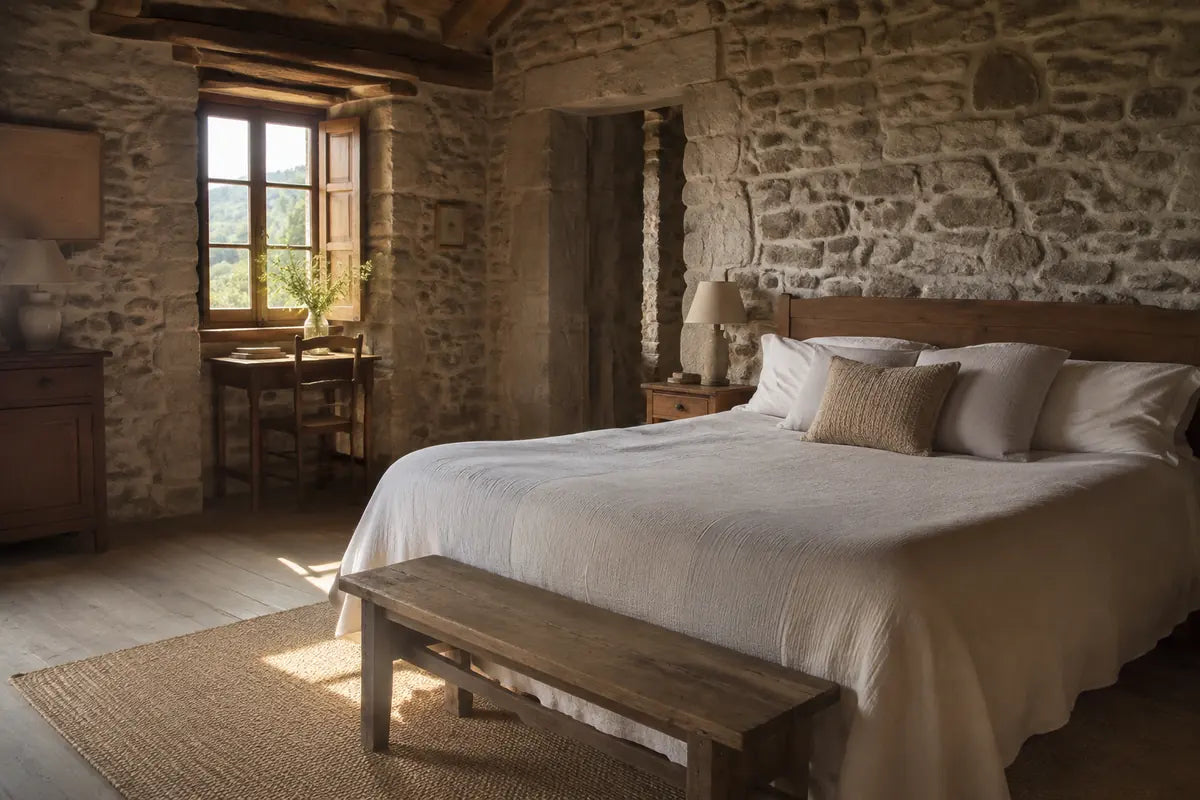 Habitación de casa rural gallega con cama vestida, piedra y luz cálida de mañana