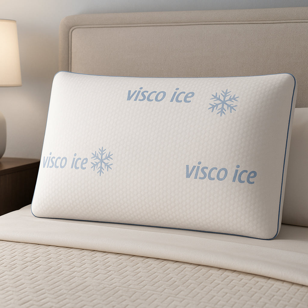 Almohada viscoelástica Visco Fresh de Dorminoite sobre cama tapizada en dormitorio con luz cálida