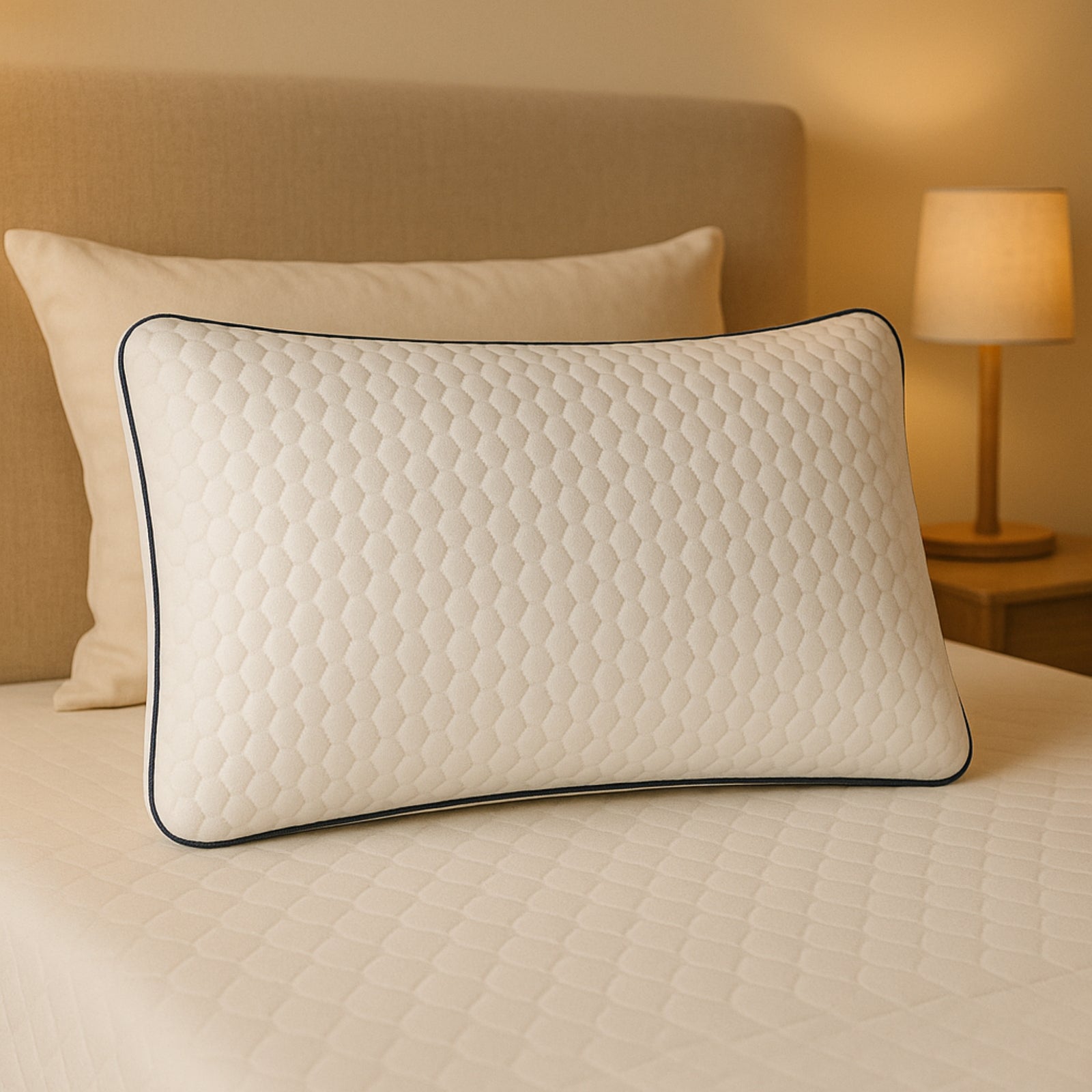 Almohada viscoelástica Visco Gray de Dorminoite colocada sobre cama en dormitorio con luz cálida