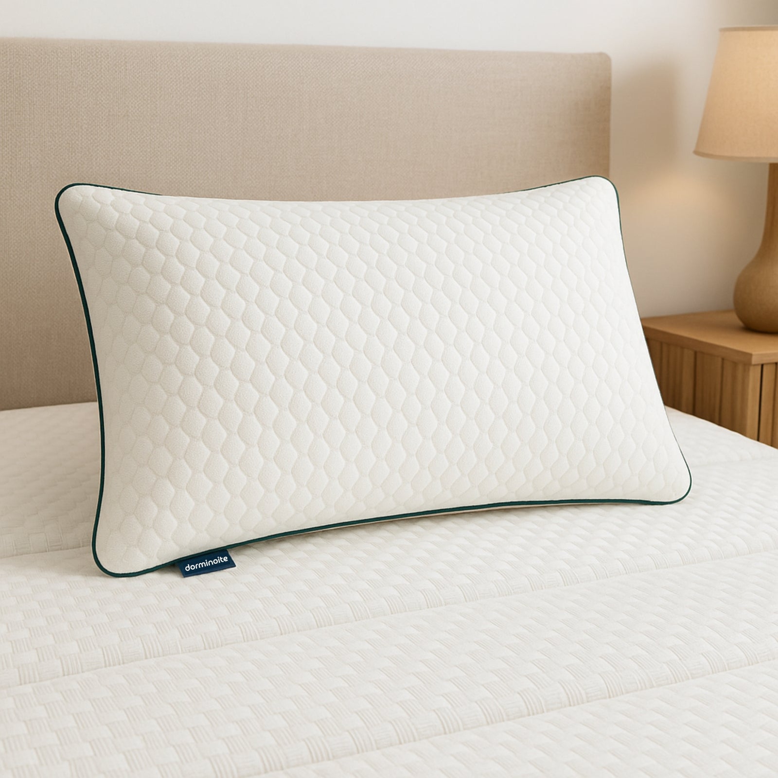 Almohada Visco Green de Dorminoite colocada sobre colchón y cama tapizada en dormitorio moderno