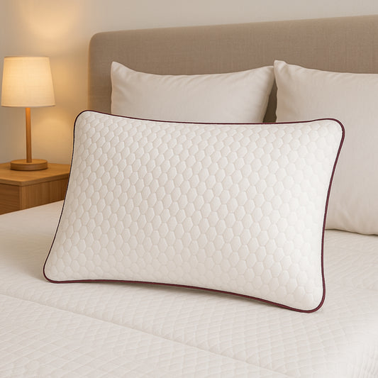 Almohada viscoelástica Visco Flow de Dorminoite sobre cama tapizada con iluminación cálida