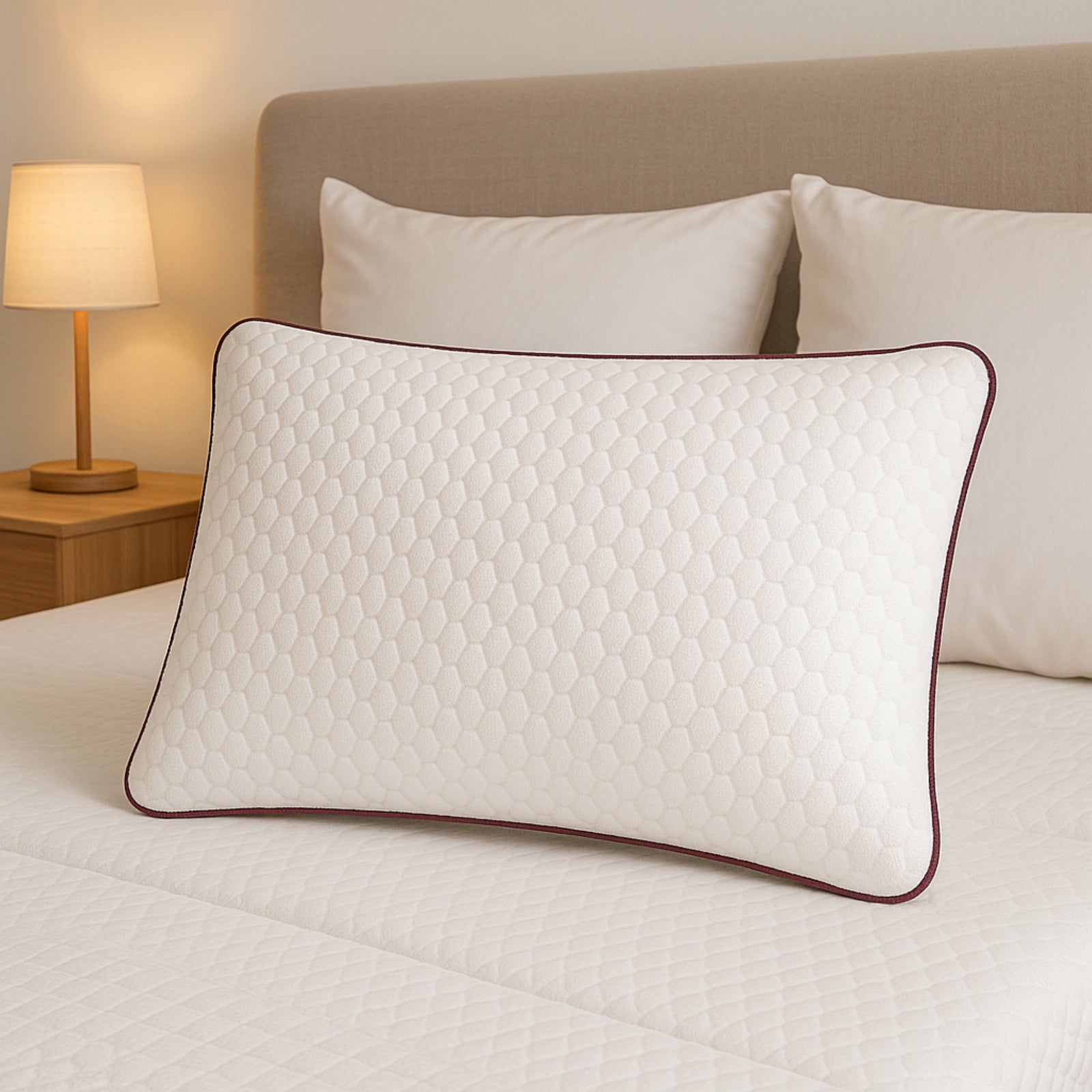 Almohada viscoelástica Visco Flow de Dorminoite sobre cama tapizada con iluminación cálida