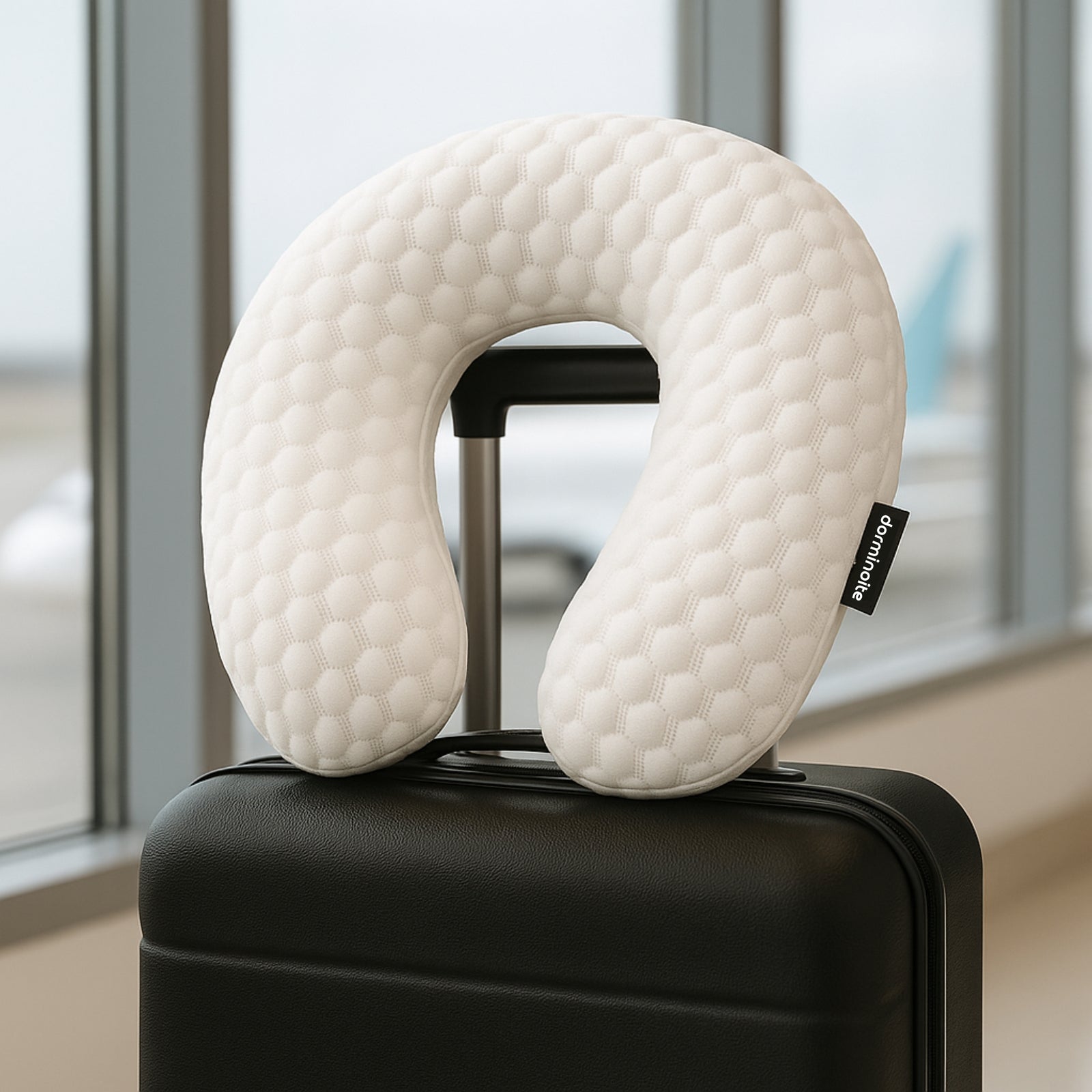 Almohada cervical Dorminoite en forma de U sobre una maleta de mano, ideal para viajes en avión en tren o coche.