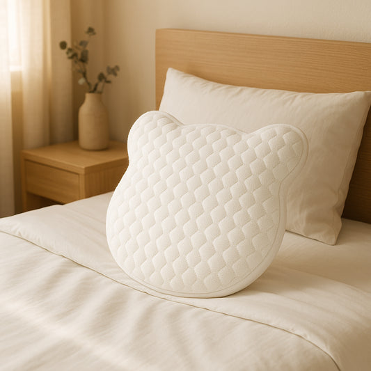 Almohada para bebé Dorminoite con forma de osito, diseñada para evitar la deformación del cráneo, colocada sobre una cama infantil de tonos neutros.