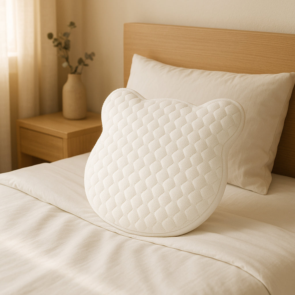 Almohada para bebé Dorminoite con forma de osito, diseñada para evitar la deformación del cráneo, colocada sobre una cama infantil de tonos neutros.