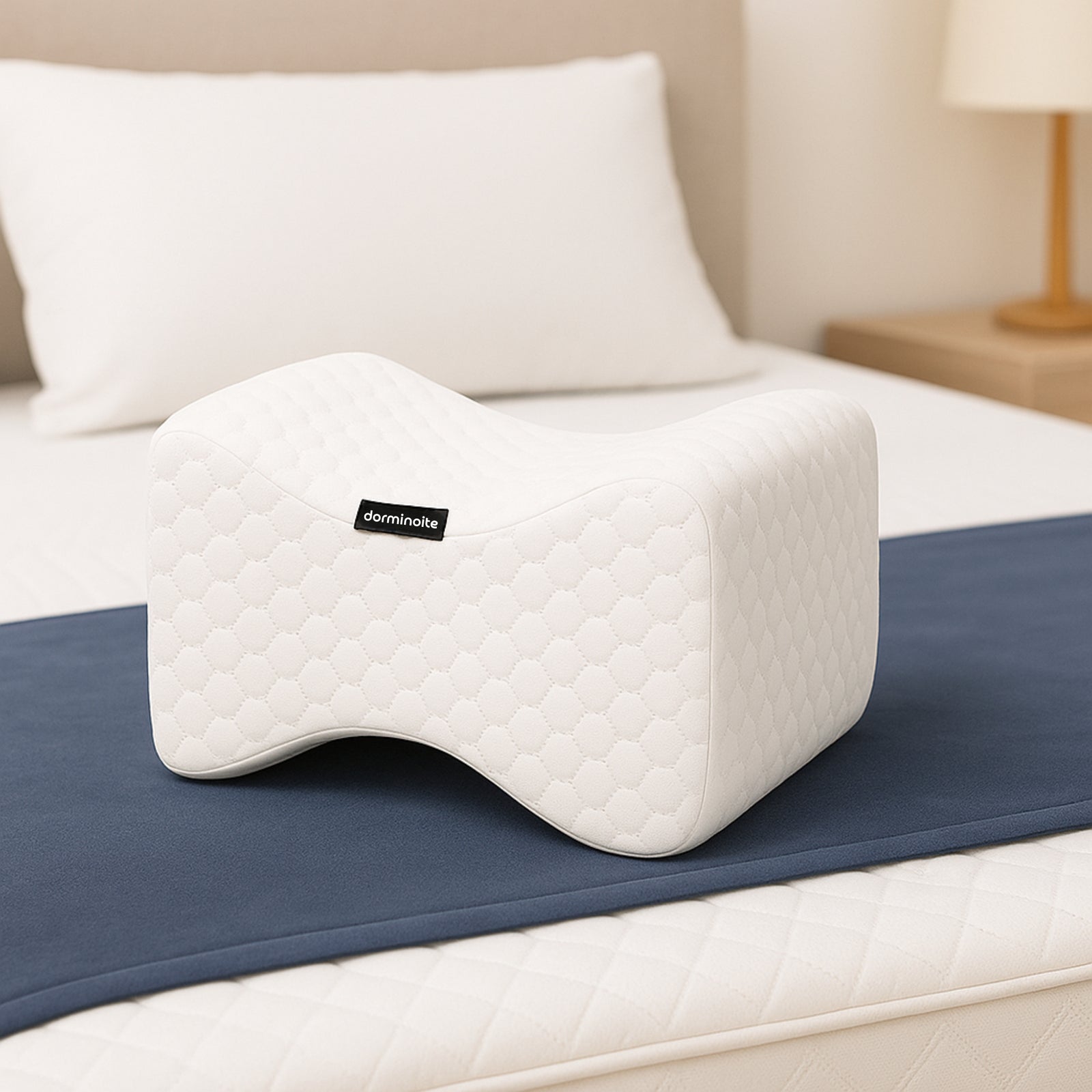 Almohada ergonómica Dorminoite colocada sobre la cama, ideal para mejorar la alineación de caderas y piernas al dormir de lado.