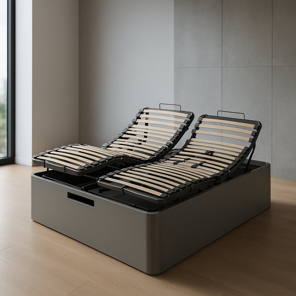 Cama articulada doble Dorminoite con lamas de madera y estructura motorizada, sobre base de almacenaje en acabado gris mate, en dormitorio minimalista.