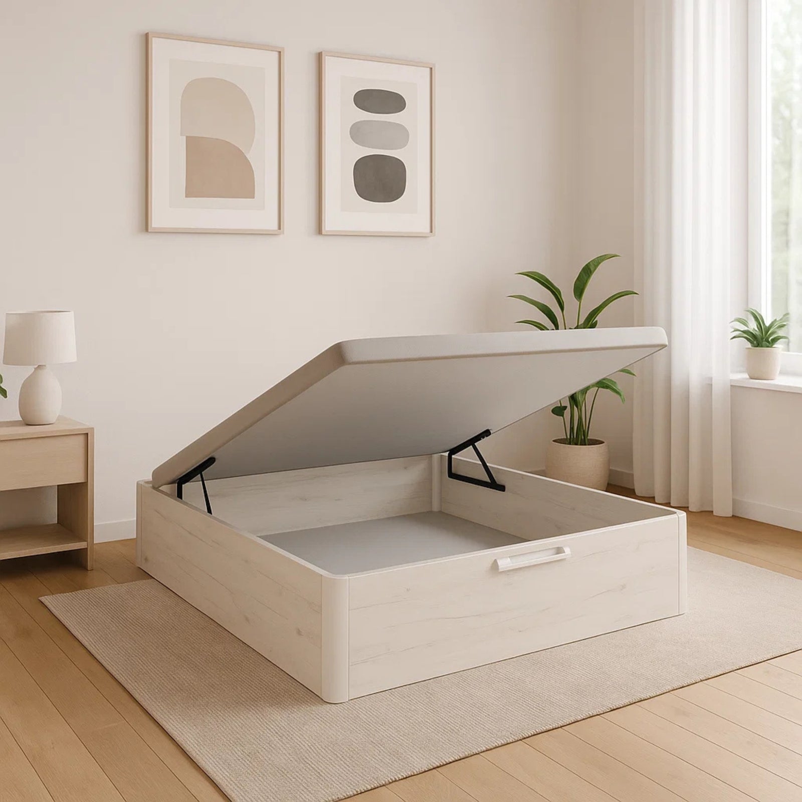 Canapé abatible Dorminoite en color madera clara con tapa abierta, en dormitorio moderno y luminoso con decoración minimalista.