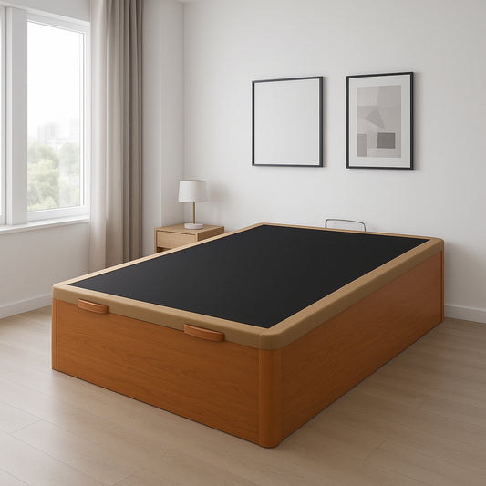 Canapé abatible Miño de Dorminoite con estructura de madera en color cerezo, tapa negra con marco y cantoneras en haya maciza, en dormitorio moderno
