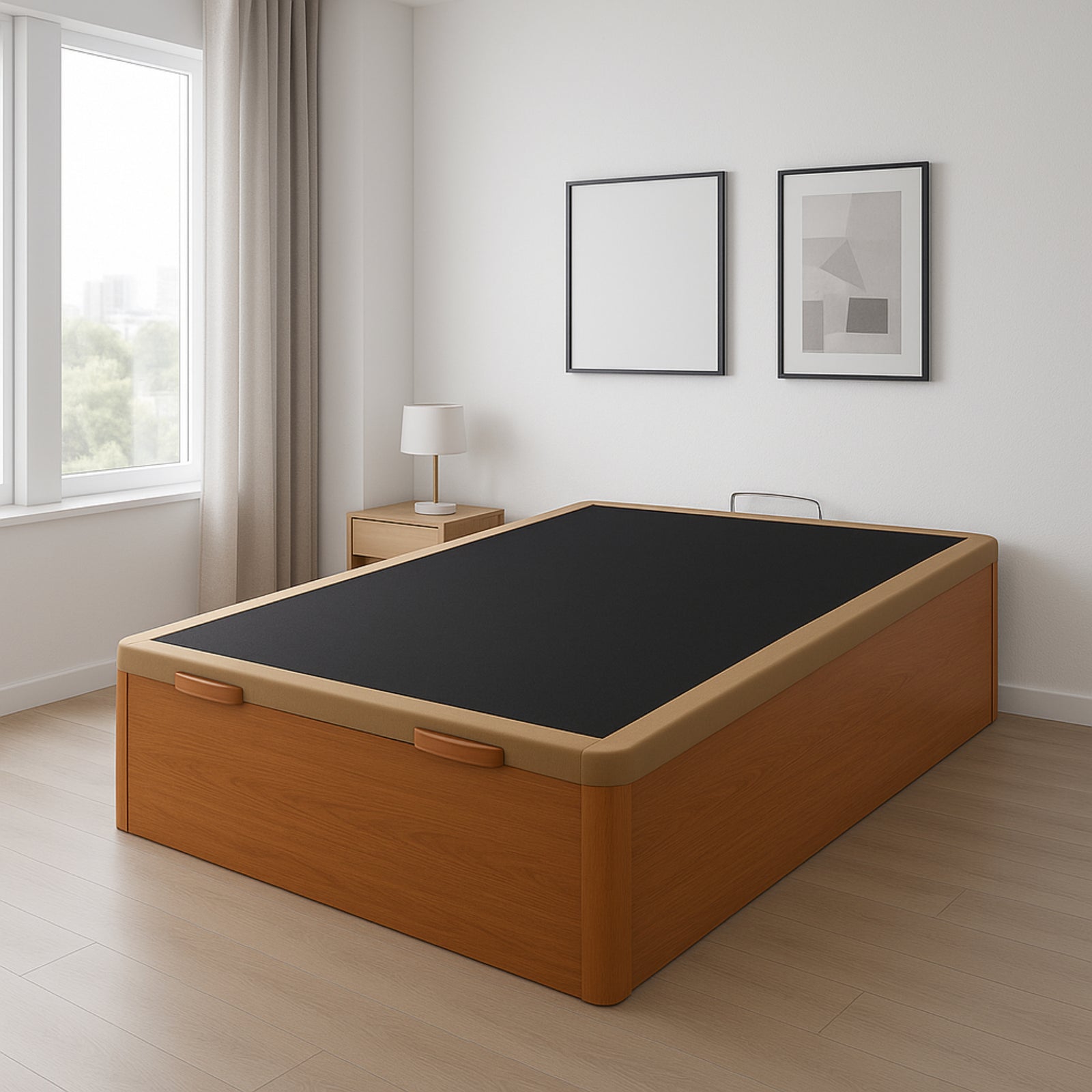 Canapé abatible Miño de Dorminoite con estructura de madera en color cerezo, tapa negra con marco y cantoneras en haya maciza, en dormitorio moderno