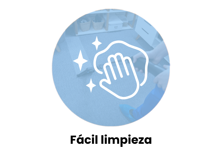 Icono de mano limpiando con brillo sobre fondo azul, indica que el producto es de limpieza sencilla