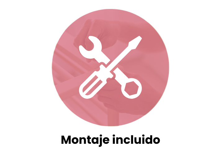 Icono de herramientas con fondo rosa que indica montaje gratuito incluido