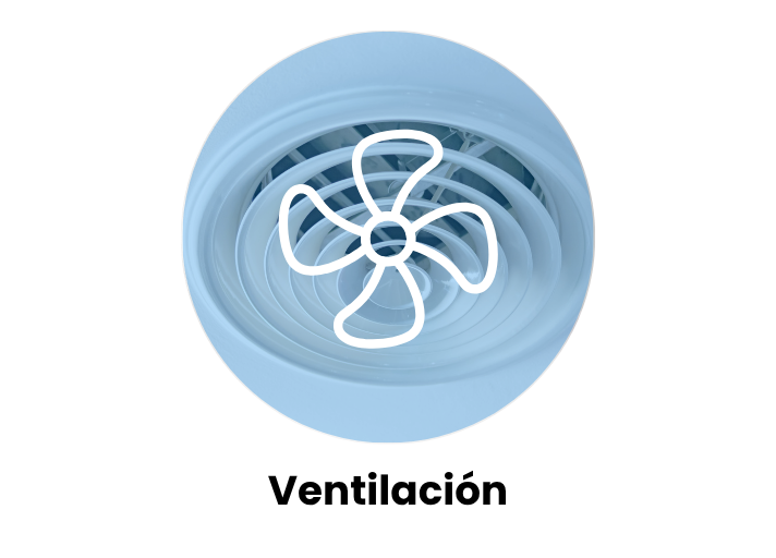 Icono de ventilador sobre fondo azul, simboliza colchón con alta transpirabilidad