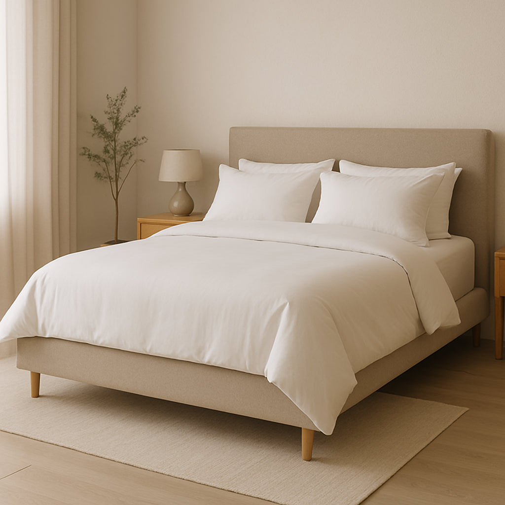 Cama de matrimonio tapizada en dormitorio minimalista con decoración cálida y neutra