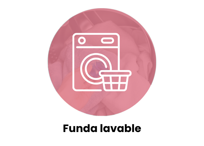 Icono de lavadora y cesta sobre fondo rosa, representa funda desenfundable y lavable