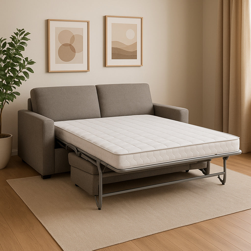 Sofá cama de apertura italiana desplegado en un salón moderno con decoración beige y cuadros decorativos